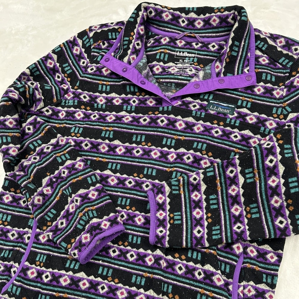 L.L. Bean Fleece Pullover Womens XL Petite Purple Fair Isle Snap Neck Sweater